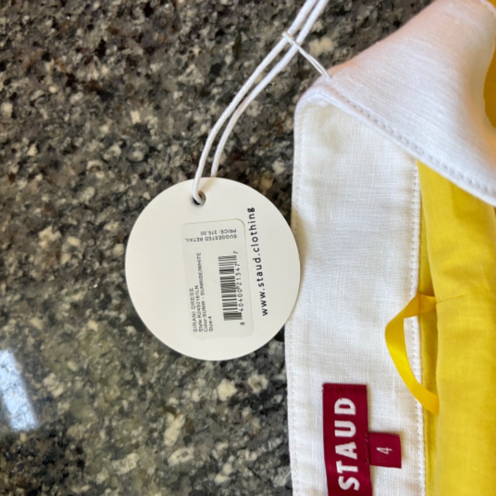 STAUD detail strapless linen Dress yellow and white NEW WITH TAGS!! Size 4 - Picture 6 of 7